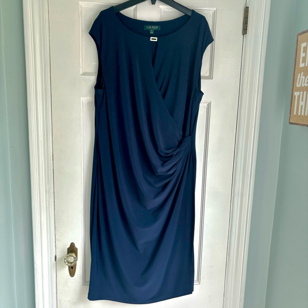 Ralph Lauren Navy Keyhole Stretch Jersey Cap Sleeve Midi Pullover Dress Sz 18